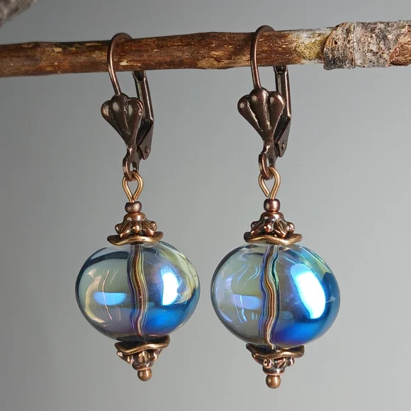 HAND CRAFTED EARRINGS Blue Aurora Borealis Glass Copper Dangle Drop - Picture 4 of 7